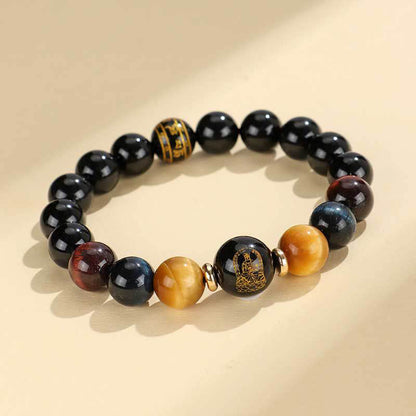 Mythstone Black Onyx Tiger Eye Om Mani Padme Hum Chinese Zodiac Natal Buddha Support Bracelet