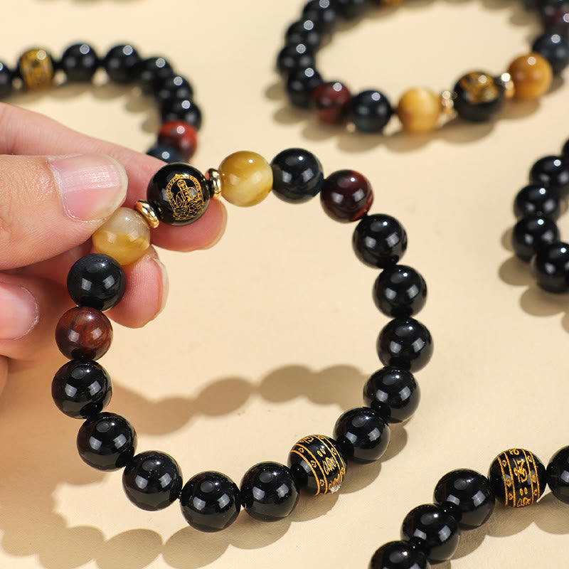 Mythstone Black Onyx Tiger Eye Om Mani Padme Hum Chinese Zodiac Natal Buddha Support Bracelet