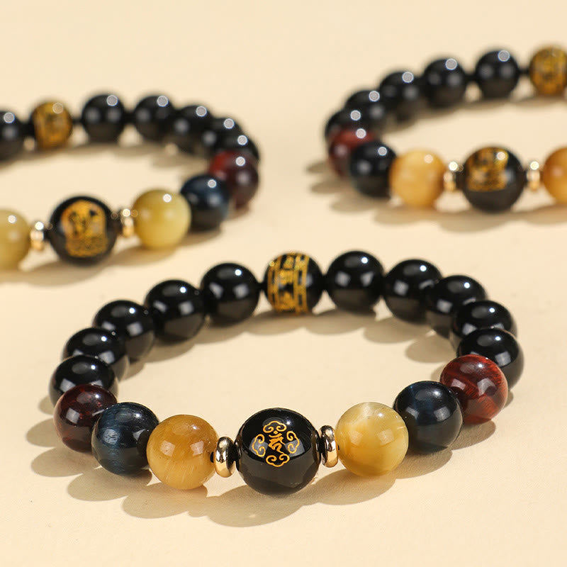 Mythstone Black Onyx Tiger Eye Om Mani Padme Hum Chinese Zodiac Natal Buddha Support Bracelet