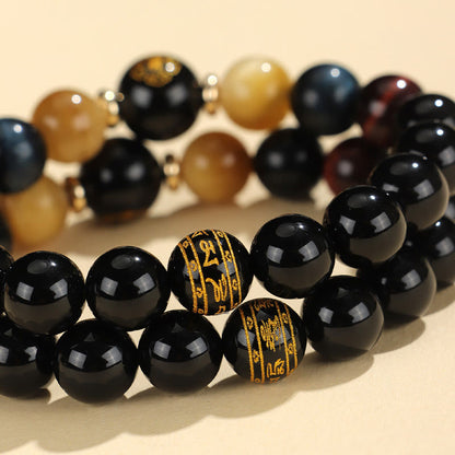 Mythstone Black Onyx Tiger Eye Om Mani Padme Hum Chinese Zodiac Natal Buddha Support Bracelet