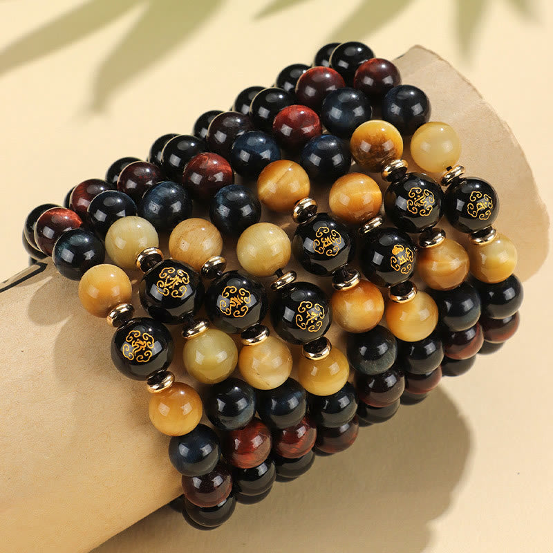 Mythstone Black Onyx Tiger Eye Om Mani Padme Hum Chinese Zodiac Natal Buddha Support Bracelet