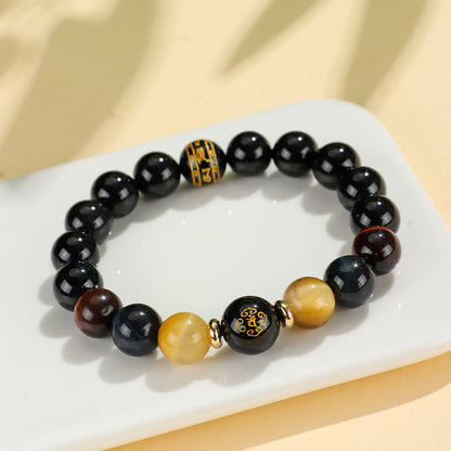 Mythstone Black Onyx Tiger Eye Om Mani Padme Hum Chinese Zodiac Natal Buddha Support Bracelet