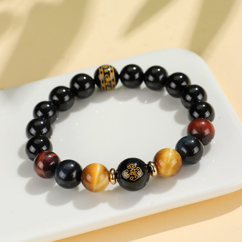 Mythstone Black Onyx Tiger Eye Om Mani Padme Hum Chinese Zodiac Natal Buddha Support Bracelet