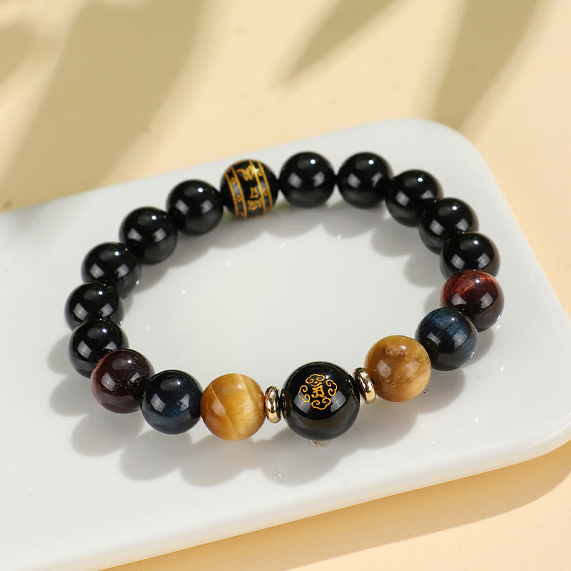 Mythstone Black Onyx Tiger Eye Om Mani Padme Hum Chinese Zodiac Natal Buddha Support Bracelet