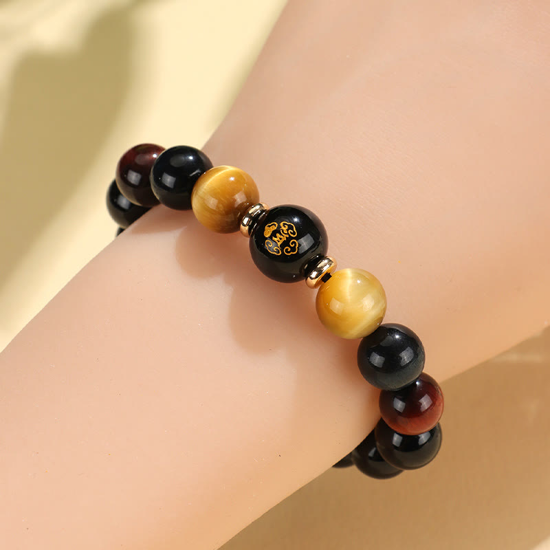 Mythstone Black Onyx Tiger Eye Om Mani Padme Hum Chinese Zodiac Natal Buddha Support Bracelet