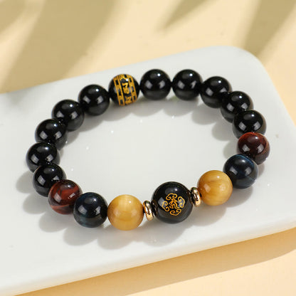 Mythstone Black Onyx Tiger Eye Om Mani Padme Hum Chinese Zodiac Natal Buddha Support Bracelet