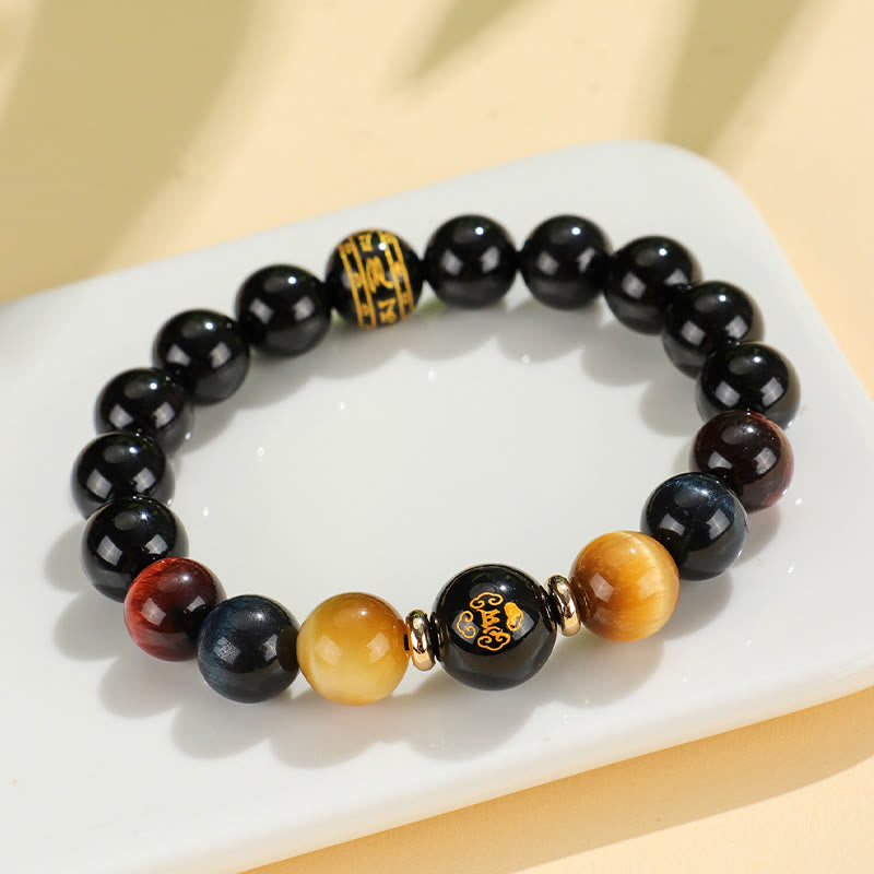 Mythstone Black Onyx Tiger Eye Om Mani Padme Hum Chinese Zodiac Natal Buddha Support Bracelet