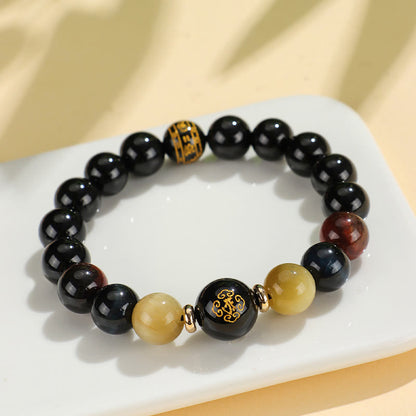 Mythstone Black Onyx Tiger Eye Om Mani Padme Hum Chinese Zodiac Natal Buddha Support Bracelet