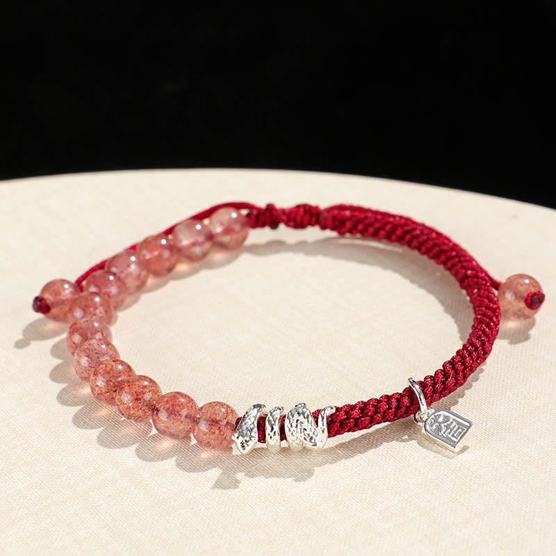 Mythstone Natural Strawberry Quartz Silver Sheen Obsidian Year of the Snake String Protection Braided Bracelet