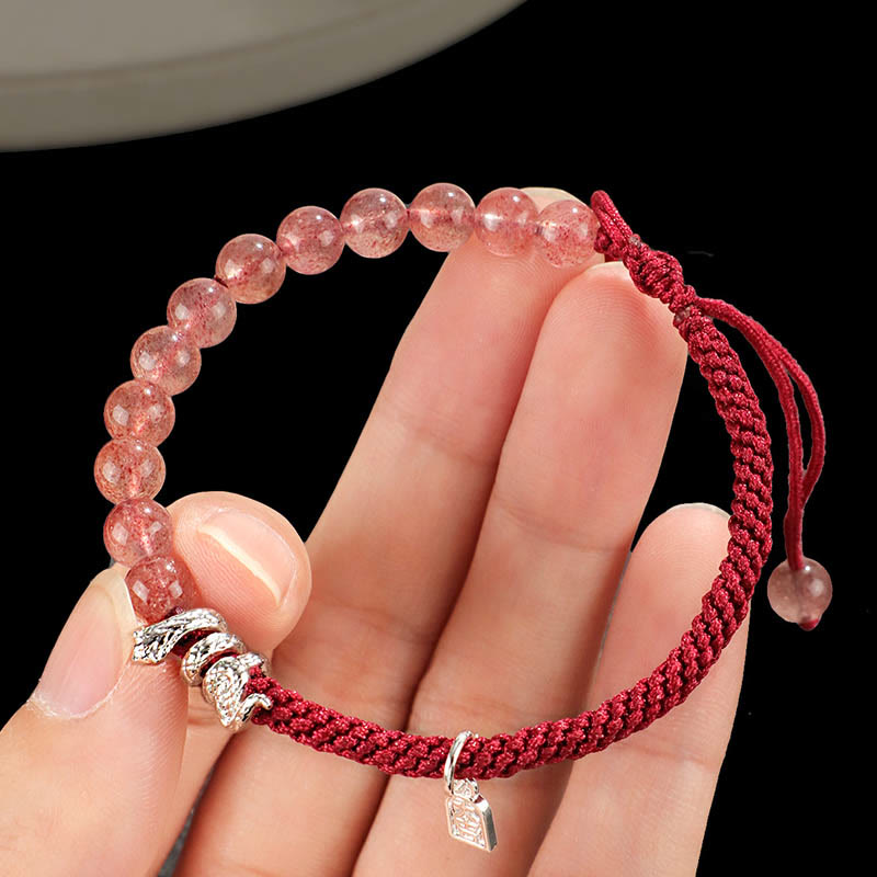 Mythstone Natural Strawberry Quartz Silver Sheen Obsidian Year of the Snake String Protection Braided Bracelet