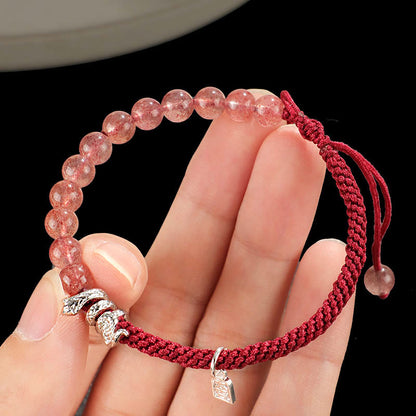 Mythstone Natural Strawberry Quartz Silver Sheen Obsidian Year of the Snake String Protection Braided Bracelet