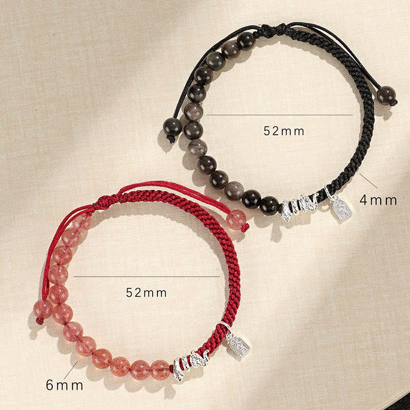 Mythstone Natural Strawberry Quartz Silver Sheen Obsidian Year of the Snake String Protection Braided Bracelet