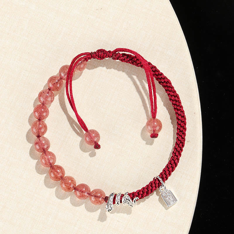 Mythstone Natural Strawberry Quartz Silver Sheen Obsidian Year of the Snake String Protection Braided Bracelet