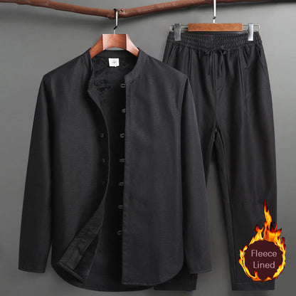 Mythstone Solid Tang Suit Traditional Fleece Lined Uniform Long Sleeve Top Pants Men's Set