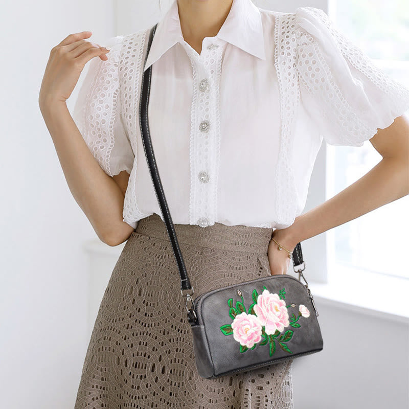 Mythstone Peony Pomegranate Flowers Su Embroidery Journey Shopping Purse Shoulder Bag Crossbody Bag