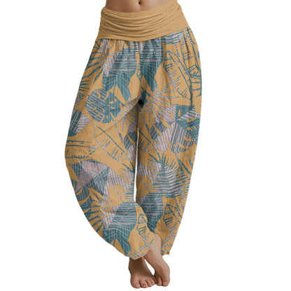 Mythstone Leaves Pattern Women's Elastic Waist Harem Pants