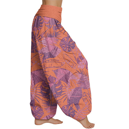 Mythstone Leaves Pattern Women's Elastic Waist Harem Pants