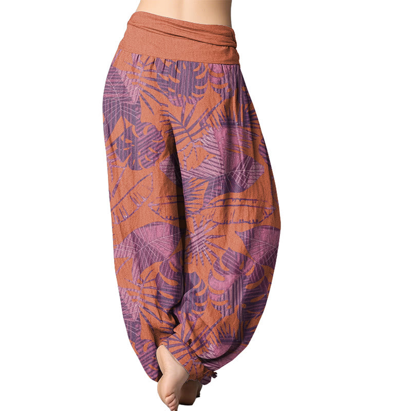 Mythstone Leaves Pattern Women's Elastic Waist Harem Pants