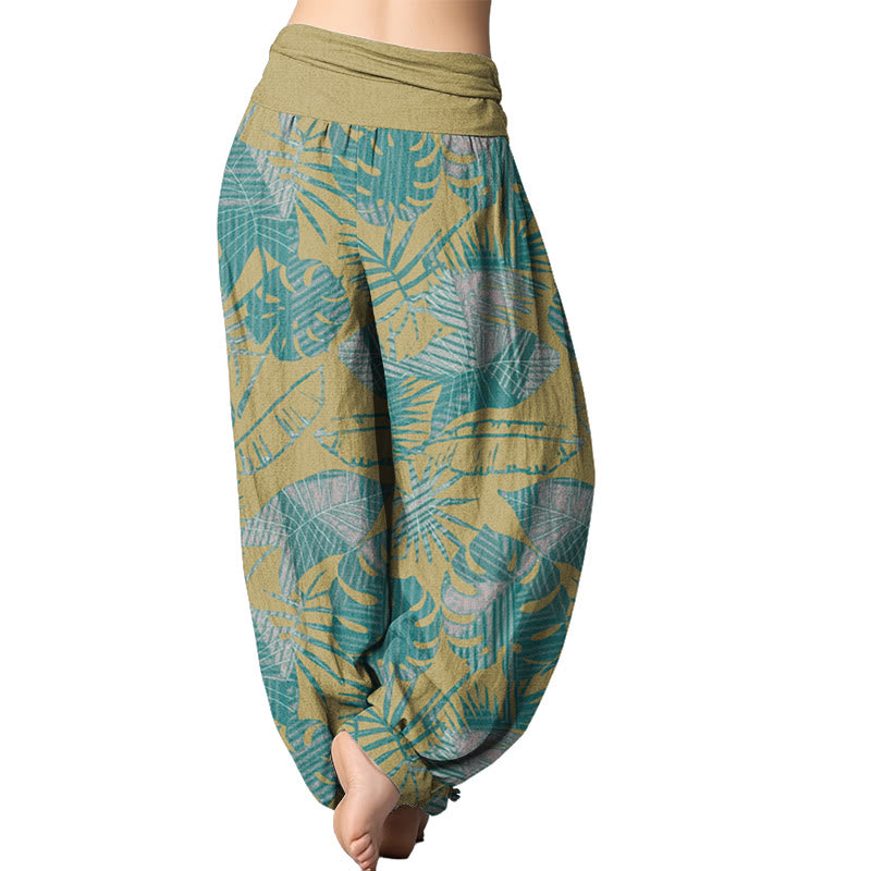 Mythstone Leaves Pattern Women's Elastic Waist Harem Pants