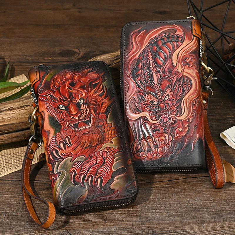 Mythstone Mythical Beast Lion Copper Coins Printed Leather Bag Journey Shopping Purse Handbag