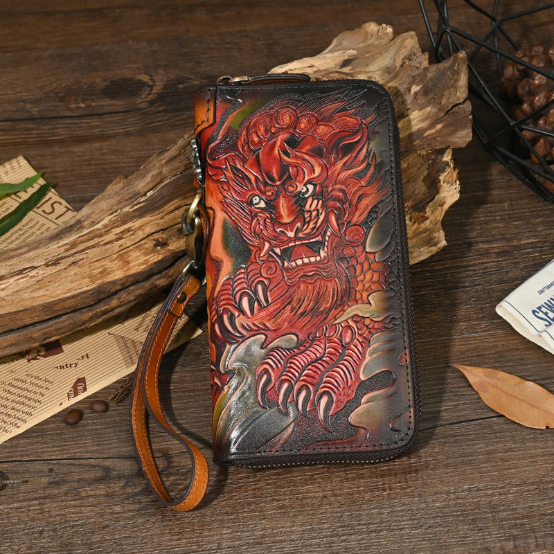 Mythstone Mythical Beast Lion Copper Coins Printed Leather Bag Journey Shopping Purse Handbag