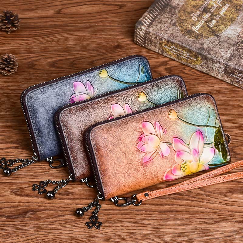 Mythstone Retro Lotus Printed Leather Bag Journey Shopping Purse Handbag