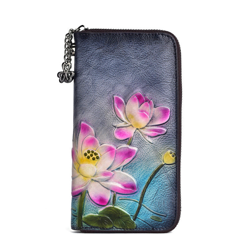 Mythstone Retro Lotus Printed Leather Bag Journey Shopping Purse Handbag