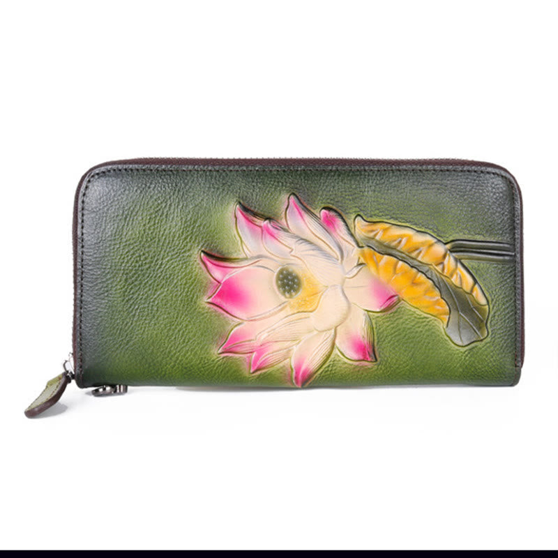 Mythstone Retro Lotus Leaf Printed Leather Bag Journey Shopping Purse Handbag