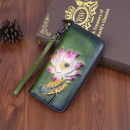 Mythstone Retro Lotus Leaf Printed Leather Bag Journey Shopping Purse Handbag