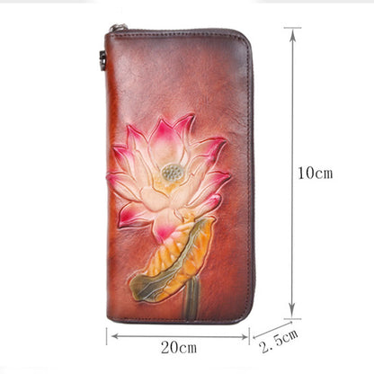 Mythstone Retro Lotus Leaf Printed Leather Bag Journey Shopping Purse Handbag