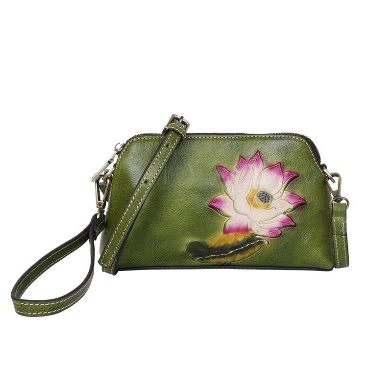 Mythstone Pink Lotus Flower Leaf Printed Leather Bag Journey Shopping Purse Handbag Shoulder Bag Crossbody Bag