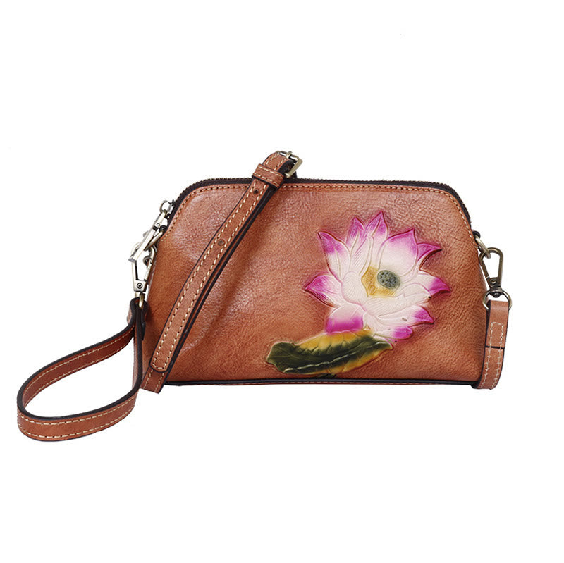 Mythstone Pink Lotus Flower Leaf Printed Leather Bag Journey Shopping Purse Handbag Shoulder Bag Crossbody Bag