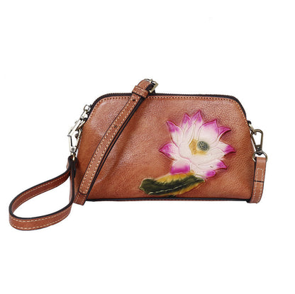 Mythstone Pink Lotus Flower Leaf Printed Leather Bag Journey Shopping Purse Handbag Shoulder Bag Crossbody Bag