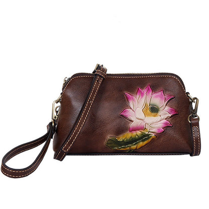 Mythstone Pink Lotus Flower Leaf Printed Leather Bag Journey Shopping Purse Handbag Shoulder Bag Crossbody Bag