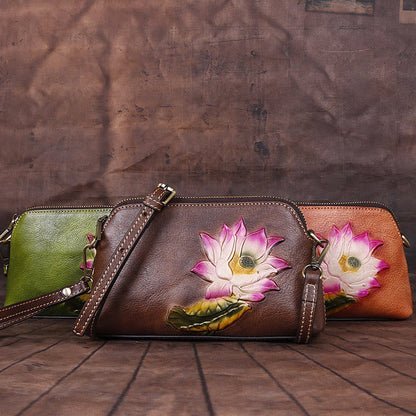 Mythstone Pink Lotus Flower Leaf Printed Leather Bag Journey Shopping Purse Handbag Shoulder Bag Crossbody Bag