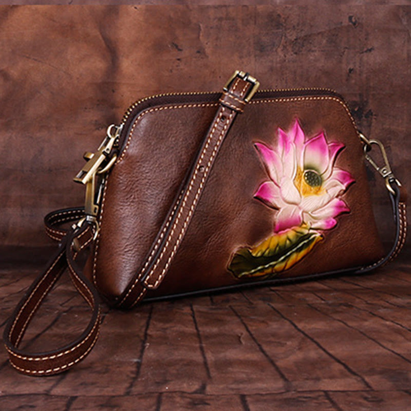 Mythstone Pink Lotus Flower Leaf Printed Leather Bag Journey Shopping Purse Handbag Shoulder Bag Crossbody Bag