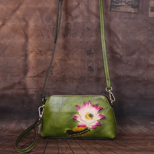 Mythstone Pink Lotus Flower Leaf Printed Leather Bag Journey Shopping Purse Handbag Shoulder Bag Crossbody Bag