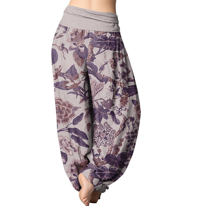 Mythstone Lotus Leaf Peony Pattern Women's Elastic Waist Harem Pants