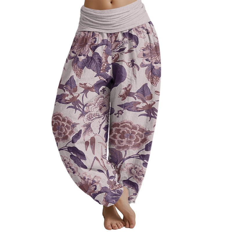 Mythstone Lotus Leaf Peony Pattern Women's Elastic Waist Harem Pants