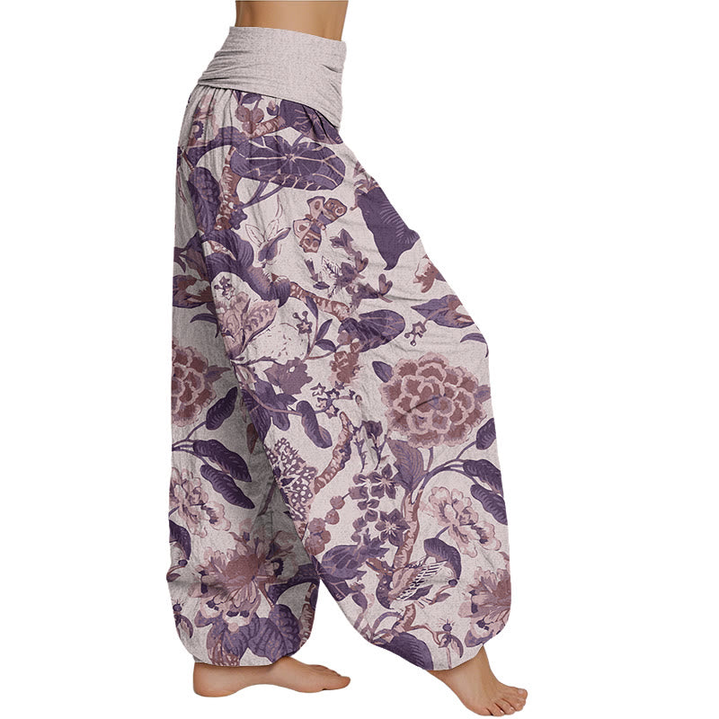 Mythstone Lotus Leaf Peony Pattern Women's Elastic Waist Harem Pants