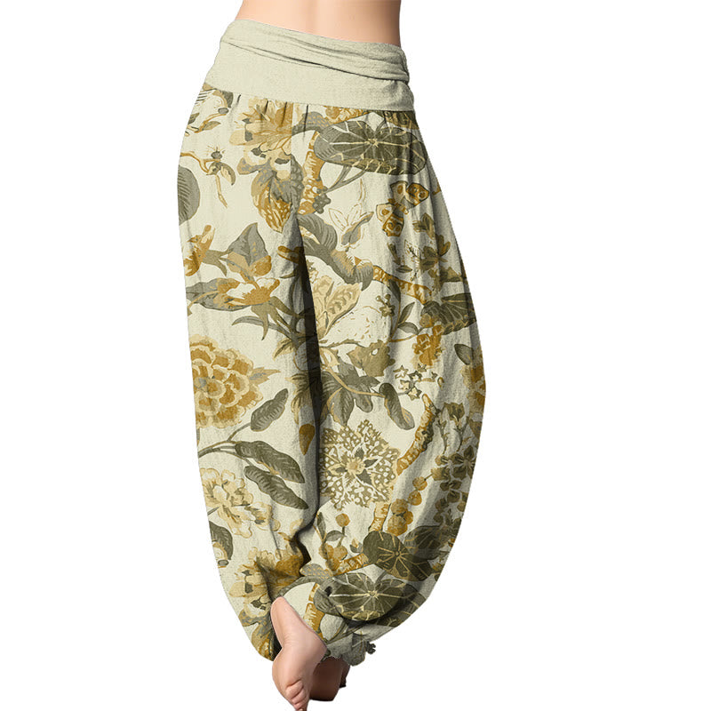 Mythstone Lotus Leaf Peony Pattern Women's Elastic Waist Harem Pants