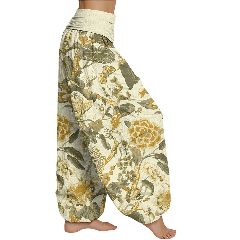 Mythstone Lotus Leaf Peony Pattern Women's Elastic Waist Harem Pants