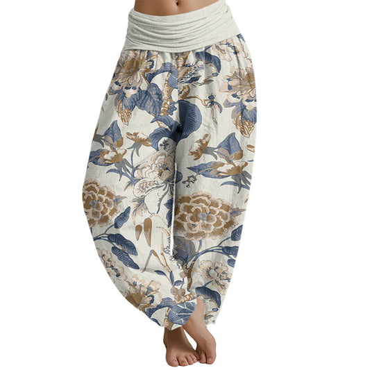 Mythstone Lotus Leaf Peony Pattern Women's Elastic Waist Harem Pants