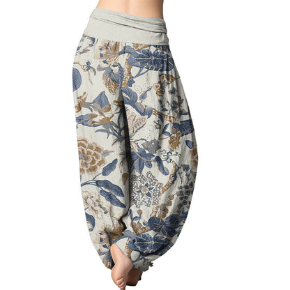 Mythstone Lotus Leaf Peony Pattern Women's Elastic Waist Harem Pants