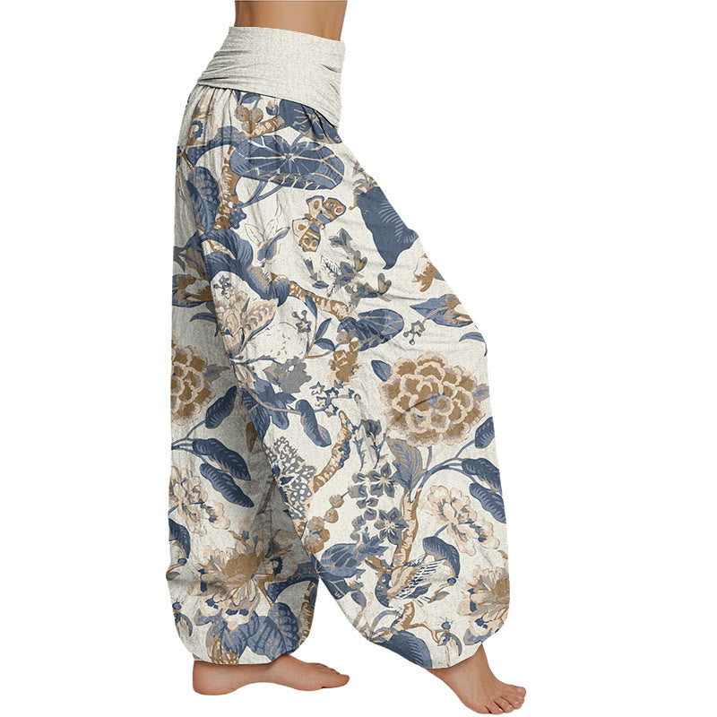 Mythstone Lotus Leaf Peony Pattern Women's Elastic Waist Harem Pants