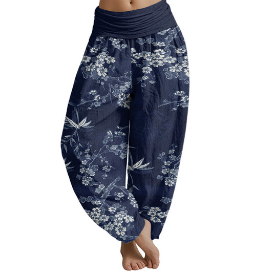 Mythstone White Sakura Flower Pattern Women's Elastic Waist Harem Pants