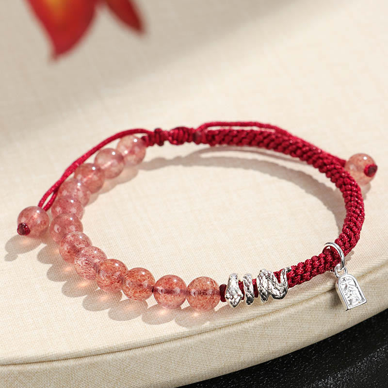 Mythstone Natural Strawberry Quartz Silver Sheen Obsidian Year of the Snake String Protection Braided Bracelet