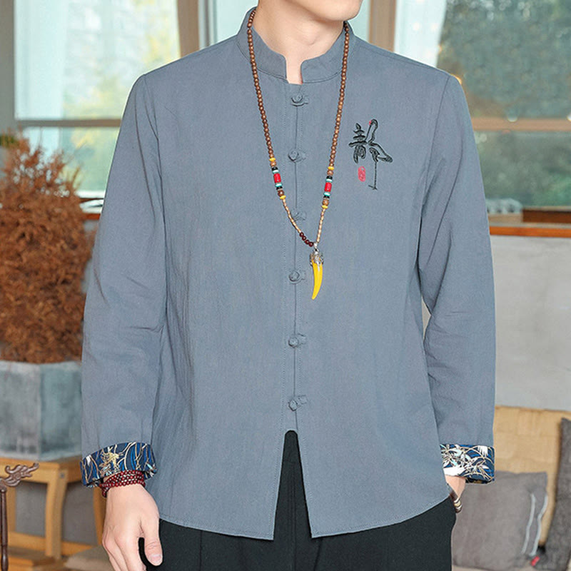 Camisa de lino con botones de rana y manga larga de color liso Mythstone Fall para hombre Zen Clothing 