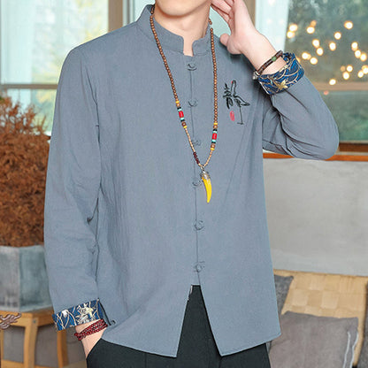 Camisa de lino con botones de rana y manga larga de color liso Mythstone Fall para hombre Zen Clothing 