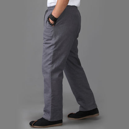 Mythstone Winter Men's Fleece Lined Drawstring Linen Pants With Pockets